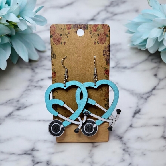 Nurse Stethoscope Heart Earrings Wooden Lightweight Dangle Medical Gift Rn Cna 10$